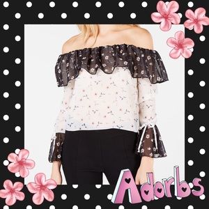 Juniors' Printed Off-The-Shoulder Ruffle Blouse